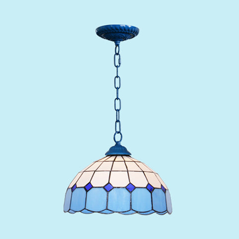 Mediterranean Dome Hanging Light Stained Art Glass 1 Bulb Pendant Light Fixture in White/Blue/Bronze