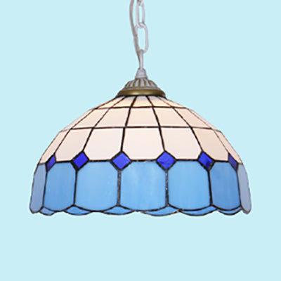 Mediterranean Dome Hanging Light Stained Art Glass 1 Bulb Pendant Light Fixture in White/Blue/Bronze