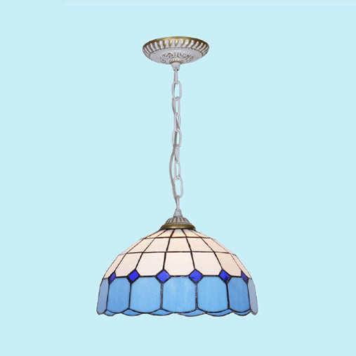 Mediterranean Dome Hanging Light Stained Art Glass 1 Bulb Pendant Light Fixture in White/Blue/Bronze