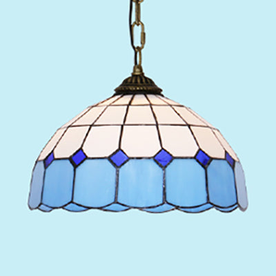 Mediterranean Dome Hanging Light Stained Art Glass 1 Bulb Pendant Light Fixture in White/Blue/Bronze