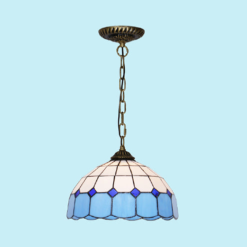 Mediterranean Dome Hanging Light Stained Art Glass 1 Bulb Pendant Light Fixture in White/Blue/Bronze