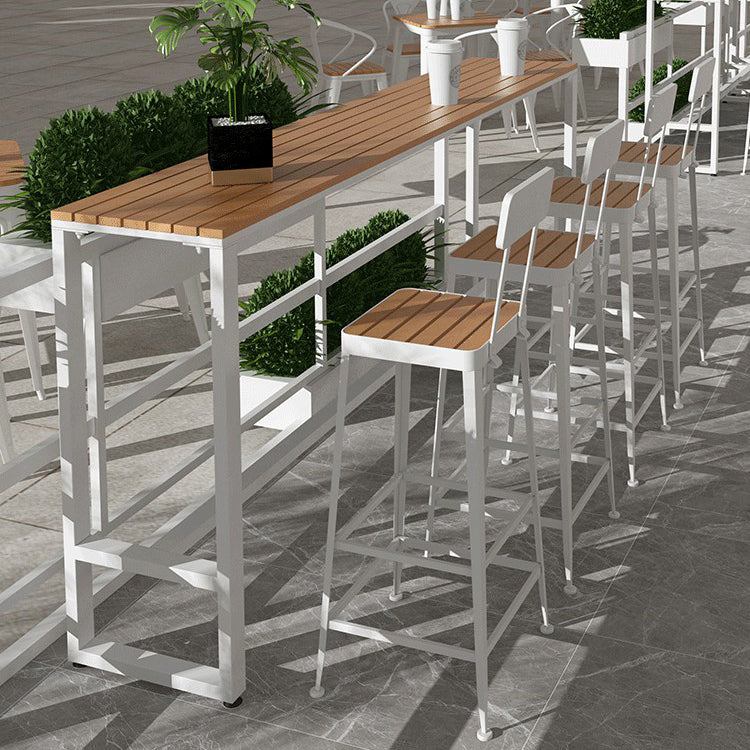 Rectangle Wood Patio Table with White Metal Frame Industrial Water Resistant Bar Table