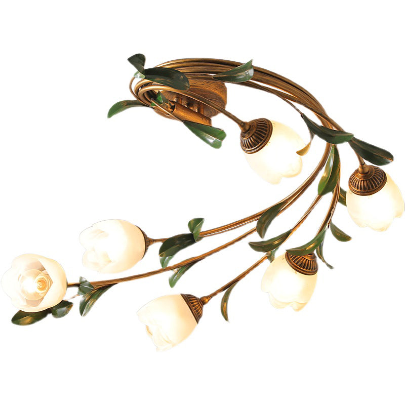 American Style Ceiling Light Flower Shape Ceiling Lamp with Glass Shade for Living Room