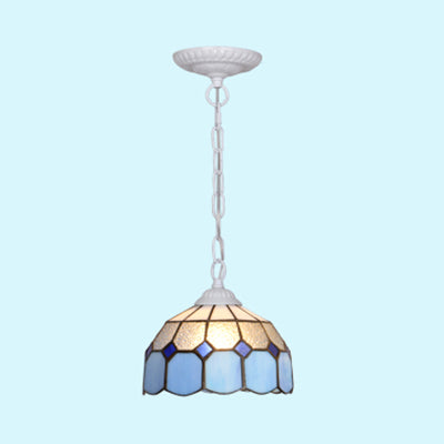 Black/White/Blue 1 Head Ceiling Light Baroque Stained Glass Bowl Suspended Lighting Fixture for Dining Room