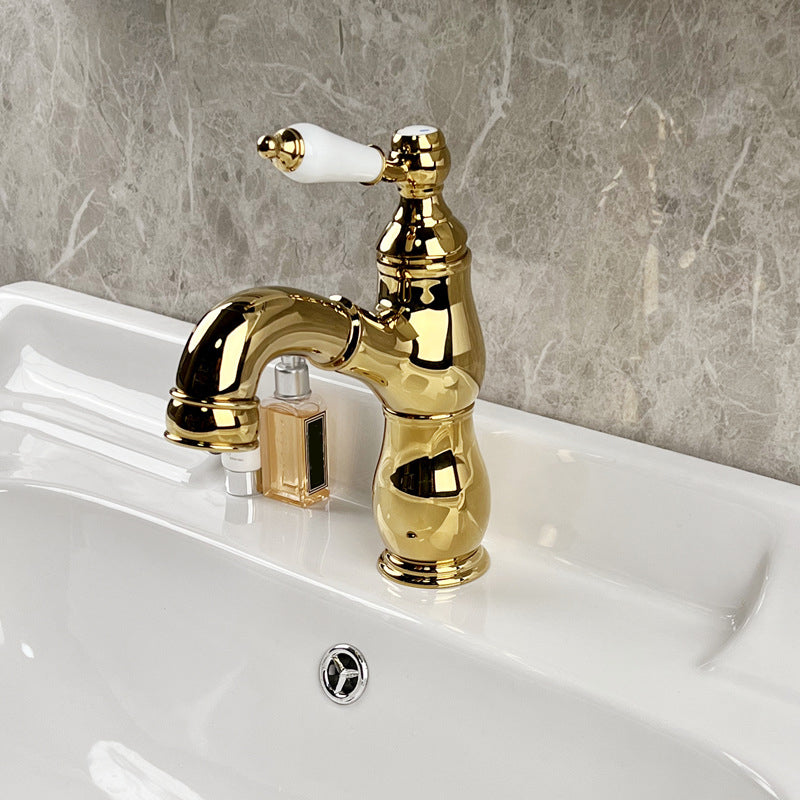 Vintage Bathroom Basin Faucet Full Brass Pull-out Ceramic Handle Sink Faucet with Drain