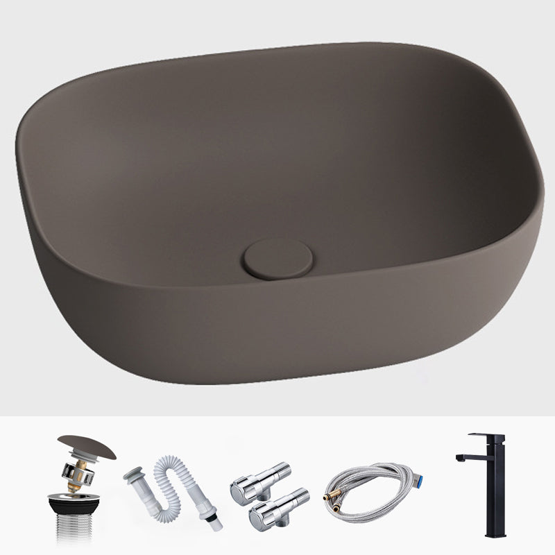 Modern Vessel Lavatory Sink Rectangular Porcelain with Faucet and Pop-Up Drain Basin Sink