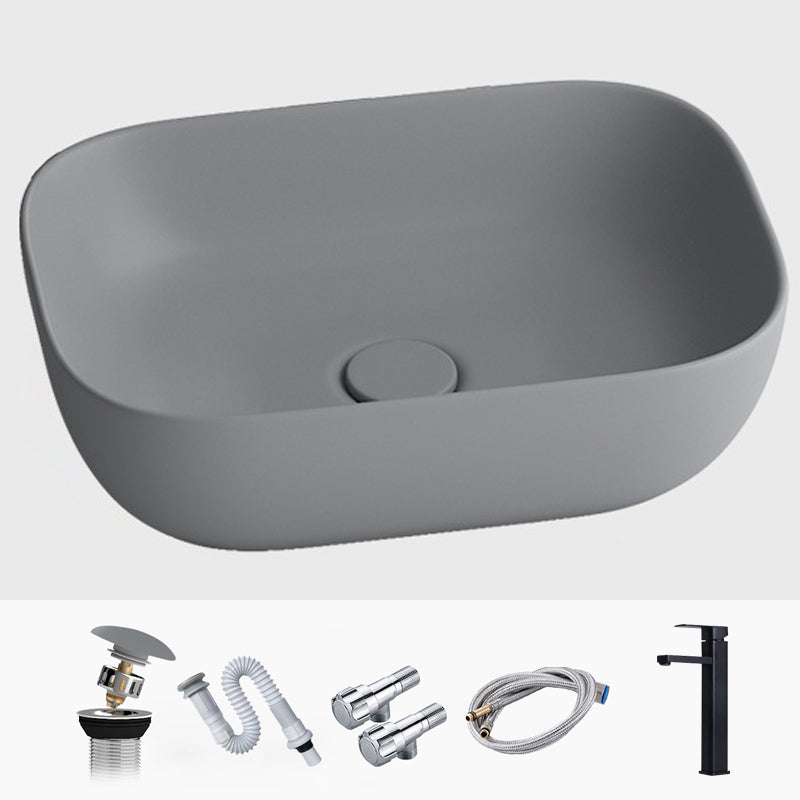 Modern Vessel Lavatory Sink Rectangular Porcelain with Faucet and Pop-Up Drain Basin Sink