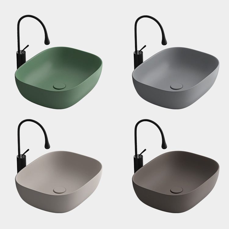 Modern Vessel Lavatory Sink Rectangular Porcelain with Faucet and Pop-Up Drain Basin Sink