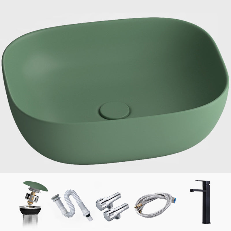 Modern Vessel Lavatory Sink Rectangular Porcelain with Faucet and Pop-Up Drain Basin Sink
