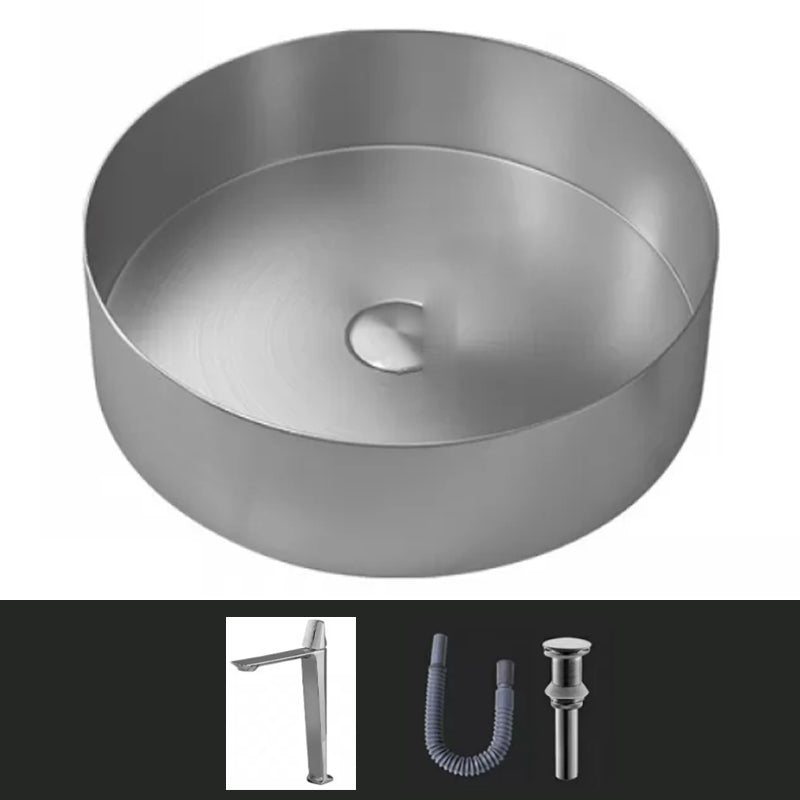 Modern Vessel Sink Round Metal with Faucet and Pop-Up Drain Vessel Lavatory Sink