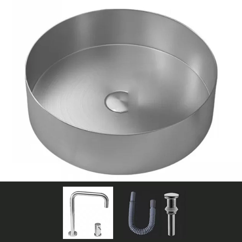 Modern Vessel Sink Round Metal with Faucet and Pop-Up Drain Vessel Lavatory Sink