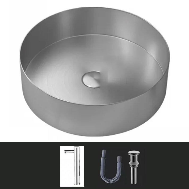 Modern Vessel Sink Round Metal with Faucet and Pop-Up Drain Vessel Lavatory Sink