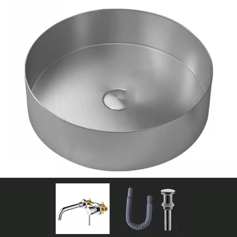 Modern Vessel Sink Round Metal with Faucet and Pop-Up Drain Vessel Lavatory Sink