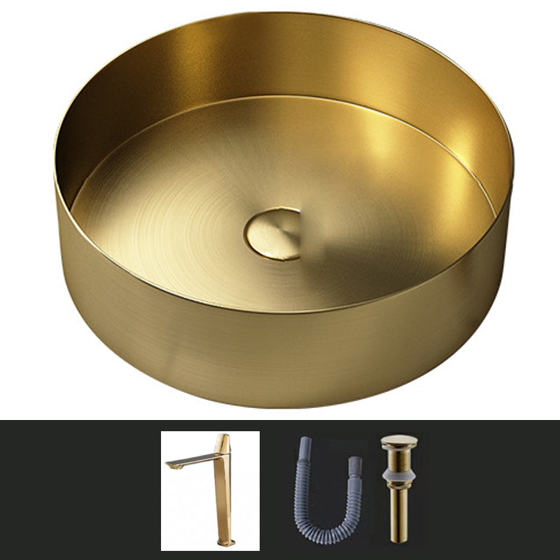 Modern Vessel Sink Round Metal with Faucet and Pop-Up Drain Vessel Lavatory Sink