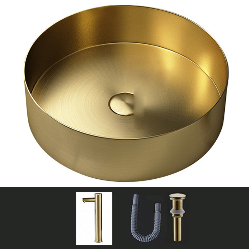 Modern Vessel Sink Round Metal with Faucet and Pop-Up Drain Vessel Lavatory Sink