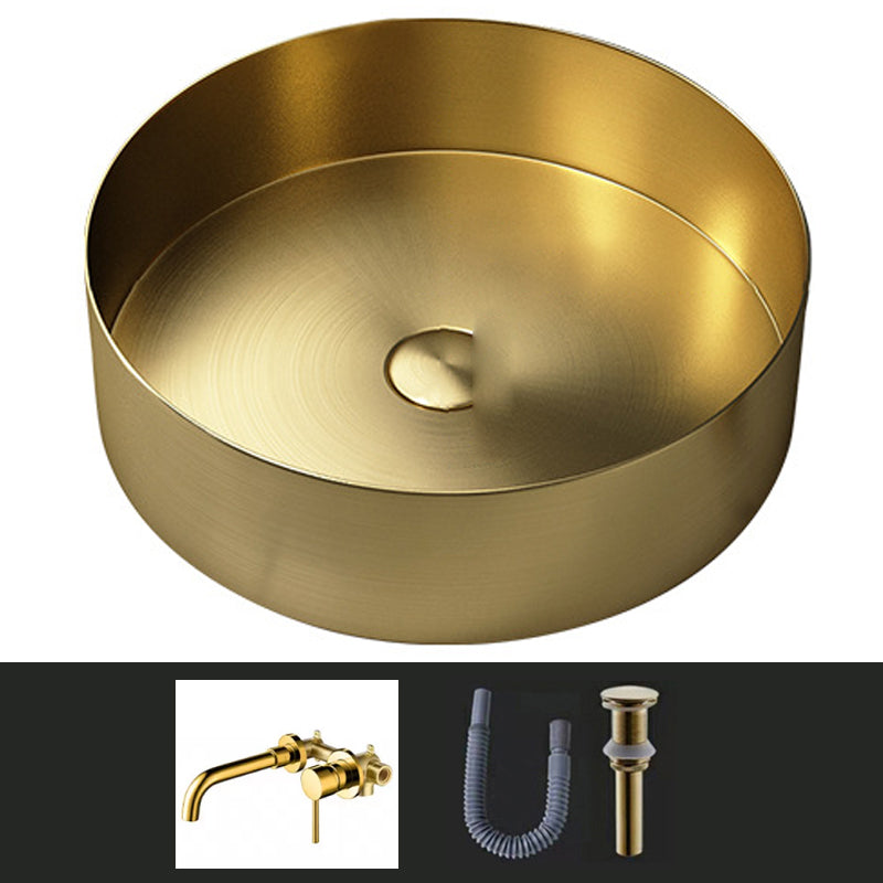 Modern Vessel Sink Round Metal with Faucet and Pop-Up Drain Vessel Lavatory Sink