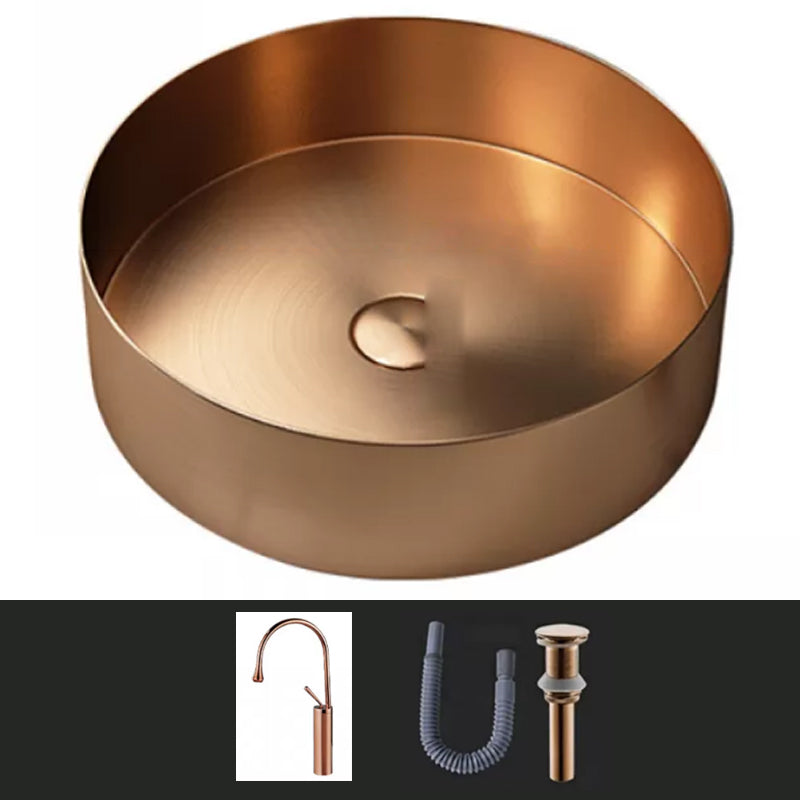 Modern Vessel Sink Round Metal with Faucet and Pop-Up Drain Vessel Lavatory Sink