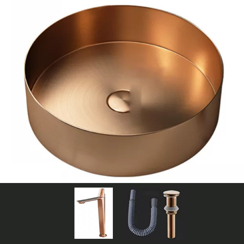 Modern Vessel Sink Round Metal with Faucet and Pop-Up Drain Vessel Lavatory Sink