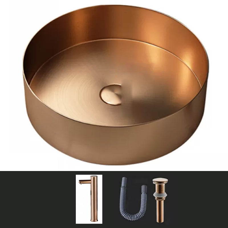 Modern Vessel Sink Round Metal with Faucet and Pop-Up Drain Vessel Lavatory Sink