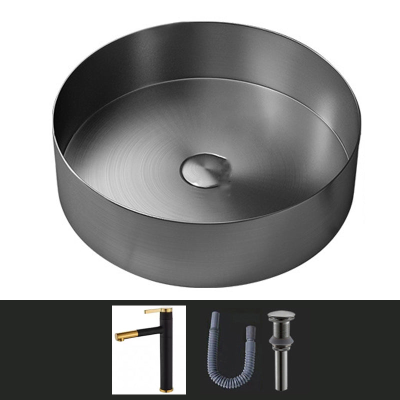 Modern Vessel Sink Round Metal with Faucet and Pop-Up Drain Vessel Lavatory Sink