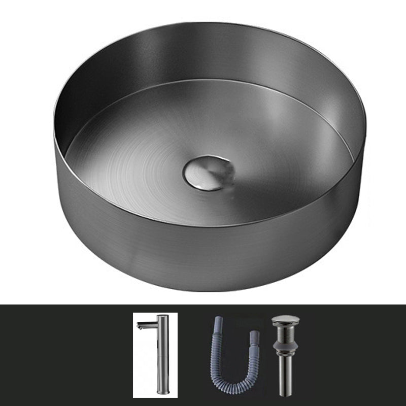 Modern Vessel Sink Round Metal with Faucet and Pop-Up Drain Vessel Lavatory Sink