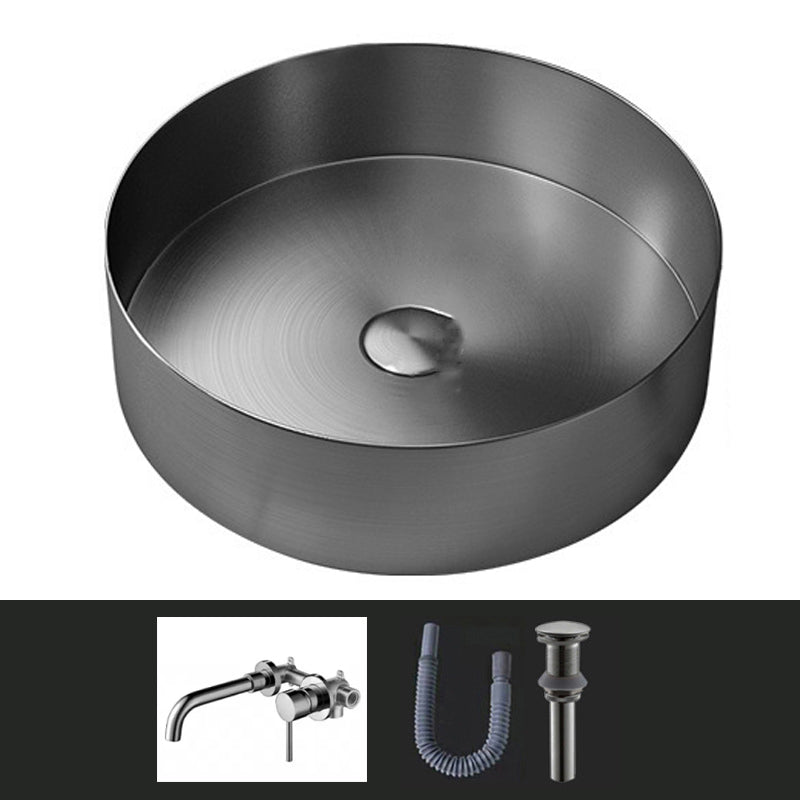 Modern Vessel Sink Round Metal with Faucet and Pop-Up Drain Vessel Lavatory Sink
