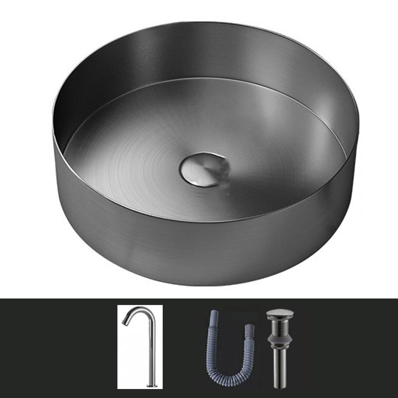 Modern Vessel Sink Round Metal with Faucet and Pop-Up Drain Vessel Lavatory Sink