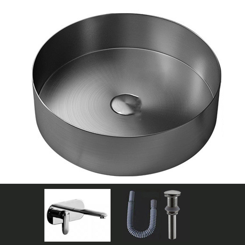 Modern Vessel Sink Round Metal with Faucet and Pop-Up Drain Vessel Lavatory Sink