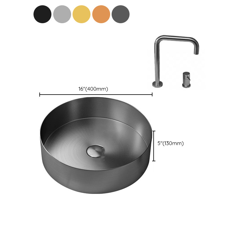 Modern Vessel Sink Round Metal with Faucet and Pop-Up Drain Vessel Lavatory Sink