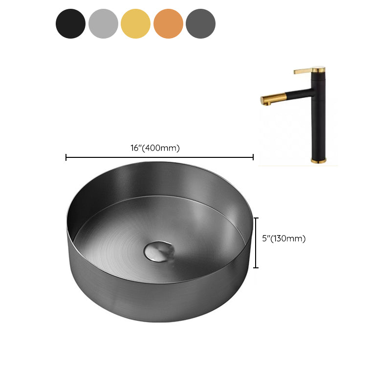 Modern Vessel Sink Round Metal with Faucet and Pop-Up Drain Vessel Lavatory Sink
