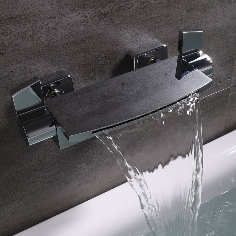 Contemporary Wall Mounted Metal Tub Filler Two Handles Waterfall Tub Faucet Trim