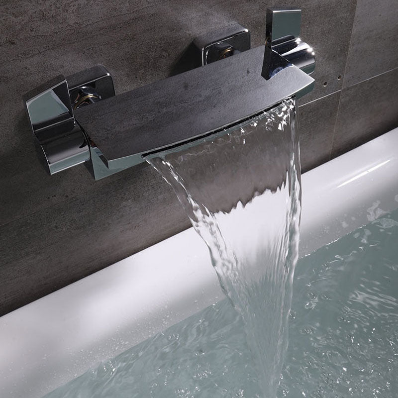 Contemporary Wall Mounted Metal Tub Filler Two Handles Waterfall Tub Faucet Trim