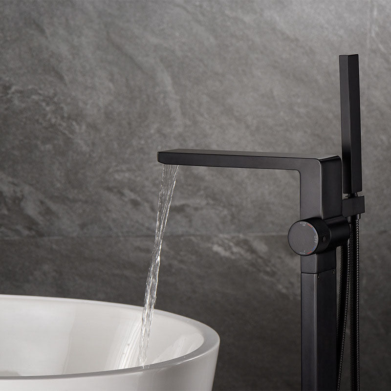 Freestanding Tub Filler Black Brass Single Knob Handle Fixed Tub Filler with Handshower