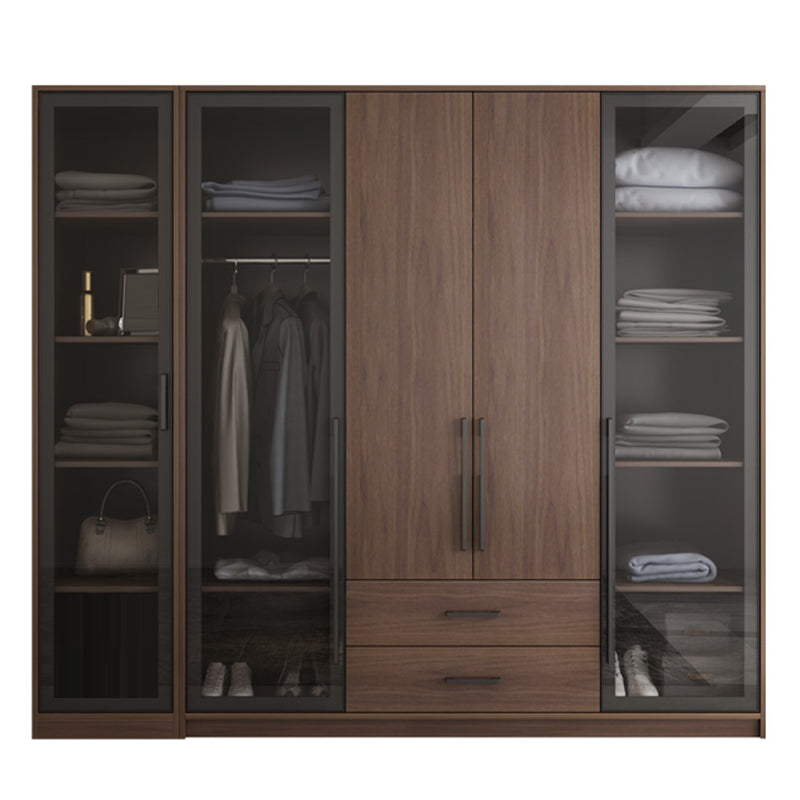 Brown Wood Wardrobe Armoire Modern Freestanding Wardrobe with Self Close Drawers