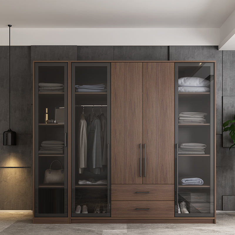 Brown Wood Wardrobe Armoire Modern Freestanding Wardrobe with Self Close Drawers