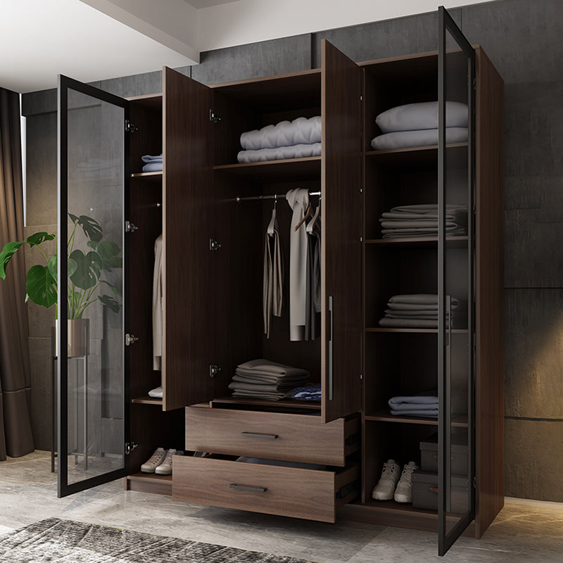 Brown Wood Wardrobe Armoire Modern Freestanding Wardrobe with Self Close Drawers