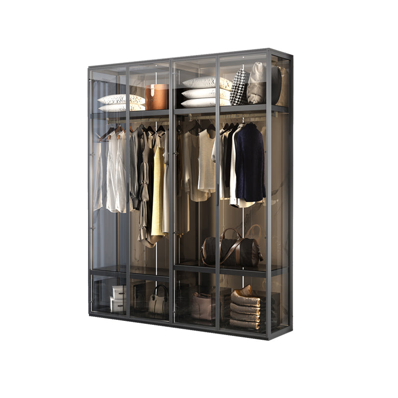 Contemporary Tempered Glass Wardrobe Armoire Freestanding Wardrobe with Shelves