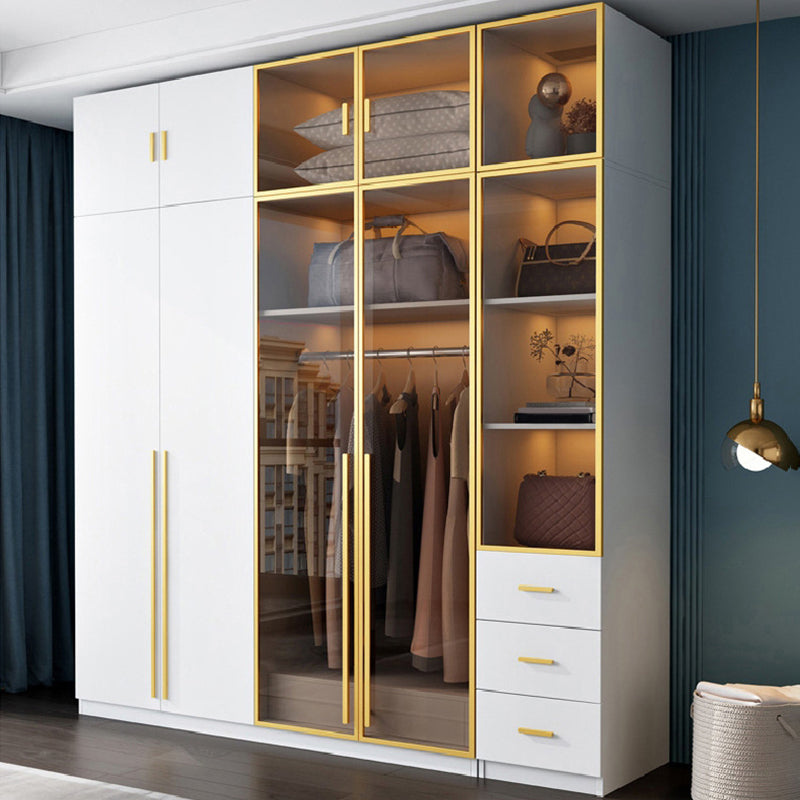 Modern Wood and Glass Wardrobe Freestanding Wardrobe with Soft Close Drawers and Doors