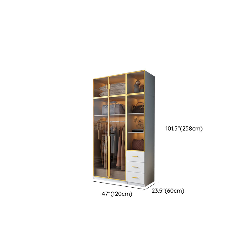 Modern Wood and Glass Wardrobe Freestanding Wardrobe with Soft Close Drawers and Doors