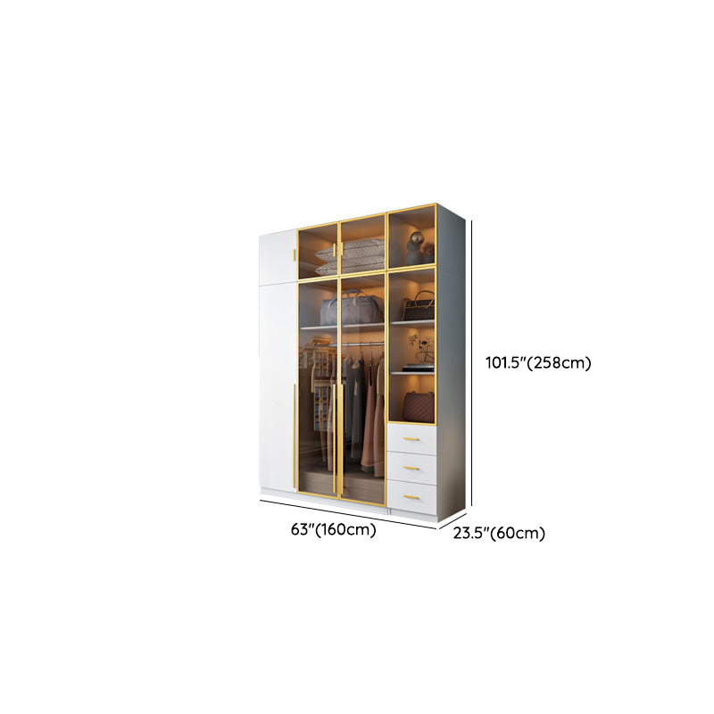 Modern Wood and Glass Wardrobe Freestanding Wardrobe with Soft Close Drawers and Doors