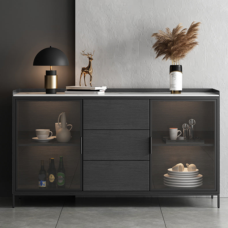 Glam Style Sideboard Glass Doors Stone Side Board with Cabinets and Drawers