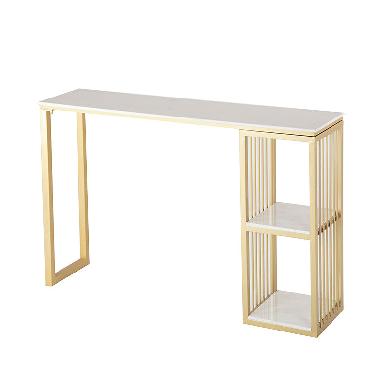 White Rectangle Faux Marble Top Bar Table Industrial Double Pedestal with Shelves