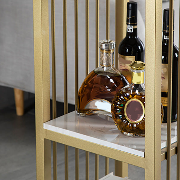 White Rectangle Faux Marble Top Bar Table Industrial Double Pedestal with Shelves