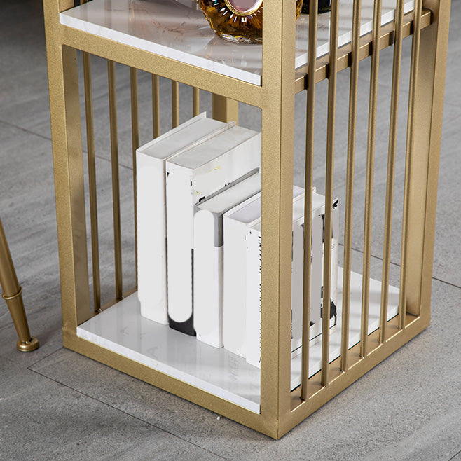 White Rectangle Faux Marble Top Bar Table Industrial Double Pedestal with Shelves