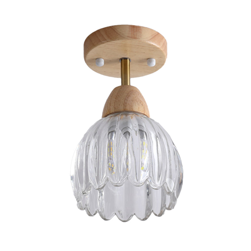 Nordic Flush Mount Flower Ceiling Light Fixture with Wood and Glass for Hallway