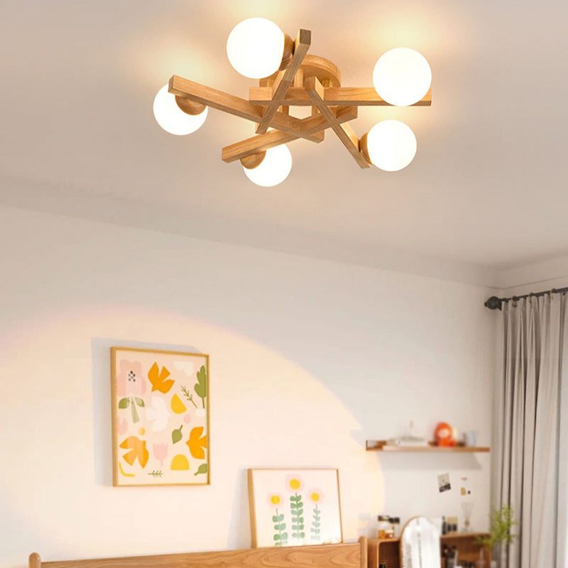 Nordic Flush Mount Globe Ceiling Light Fixture with Wood and Glass for Bedroom