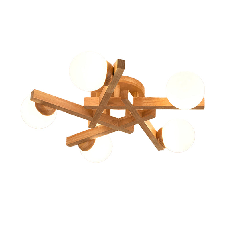 Nordic Flush Mount Globe Ceiling Light Fixture with Wood and Glass for Bedroom