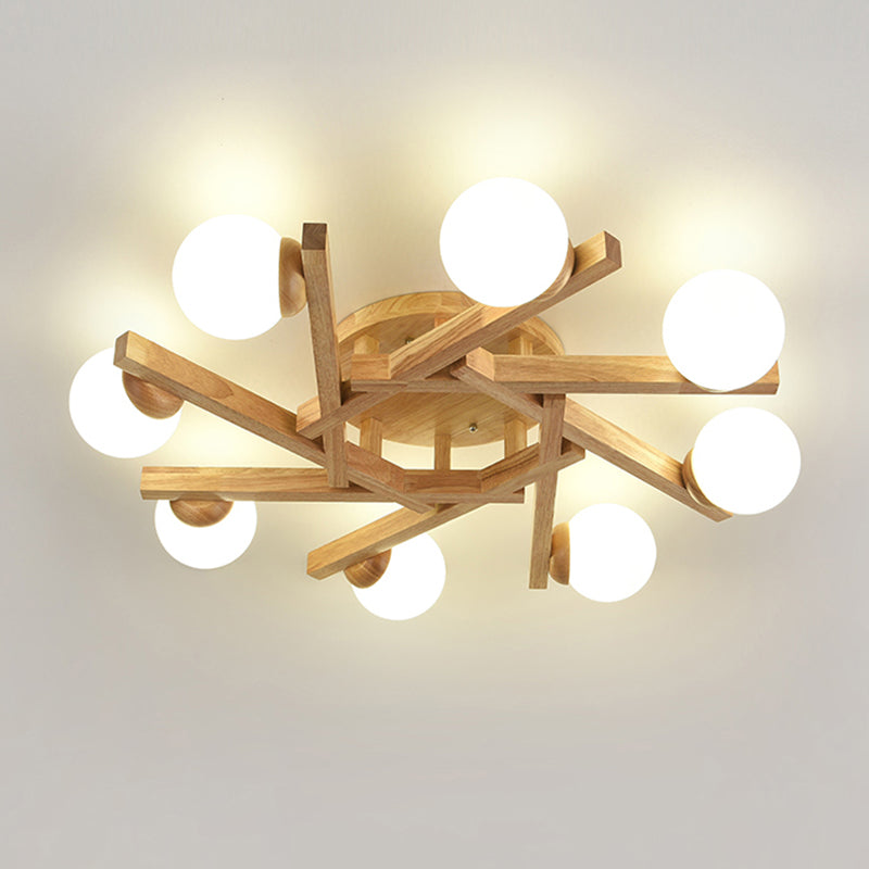 Nordic Flush Mount Globe Ceiling Light Fixture with Wood and Glass for Bedroom