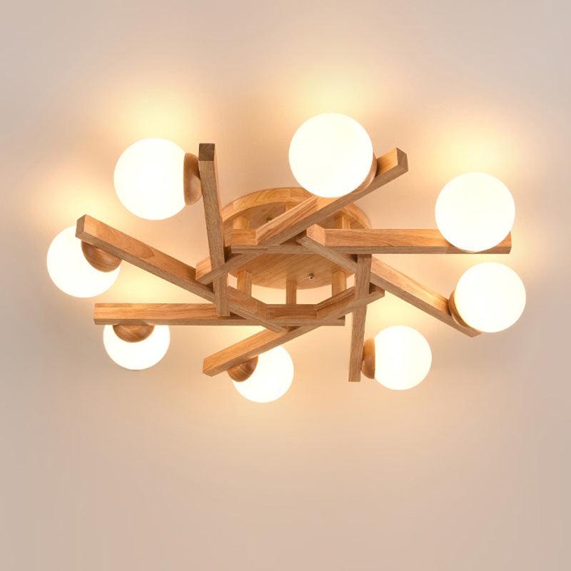 Nordic Flush Mount Globe Ceiling Light Fixture with Wood and Glass for Bedroom