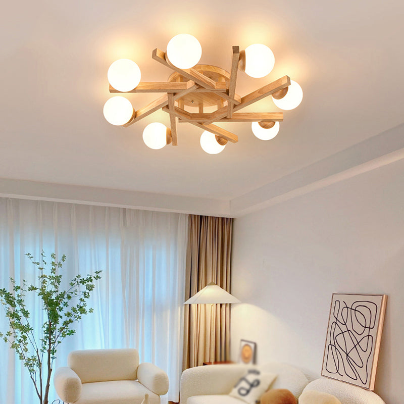 Nordic Flush Mount Globe Ceiling Light Fixture with Wood and Glass for Bedroom